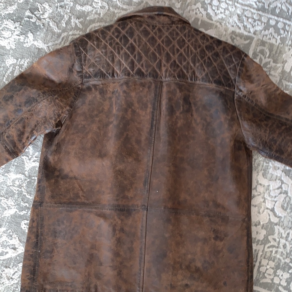 Orvis Brown Leather Pea Coat with Plaid Lining - Picture 2 of 8